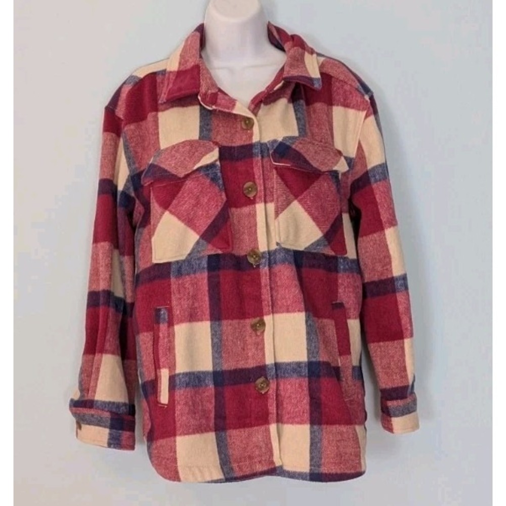 Member's Mark Flannel Shacket Jacket Women's Medium Pink Plaid 9% Wool Cozy Warm